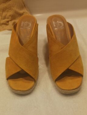 new directions Mustard Suede Crisscross Wedge Sandals